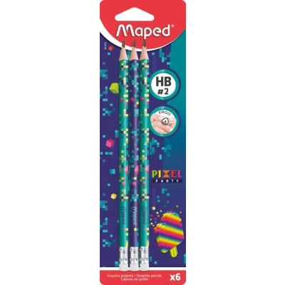 Image de Maped Crayons Graphite HB #2 Pixel Party à Papier avec Embout Gomme Forme Triangulaire Ergonomique Blister de 6
