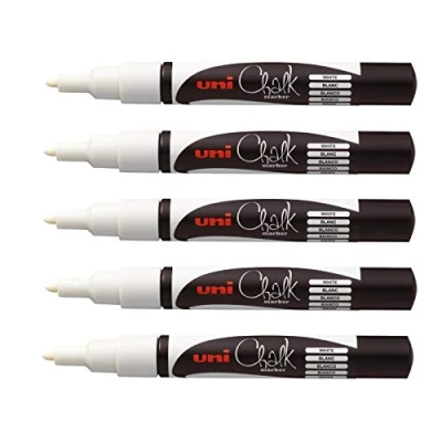 Image de Uni ball Mitsubishi Pencil Marqueurs Craie Chalk Marker PWE 3M Multi Usage Résistant à la Pluie Idéal Vitre Miroir Tableau Ardoise Pointe Conique Fine Lot de 5 Blanc