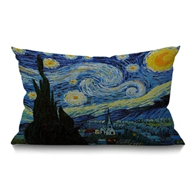 Image de BGBDEIA Van Gogh Housse de coussin rectangulaire 30 x 50 cm Arts classiques Nuit étoilée ferme ciel lune décorative en coton et lin pour lit canapé