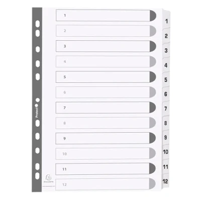 Image de Exacompta Réf. MWD1 12Z Carton de 25 Intercalaires en carte blanche 160g/m2 FSC® avec 12 onglets imprimés numériques 1 à et plastifiés Page d&#039;indexation imprimable Format classer A4