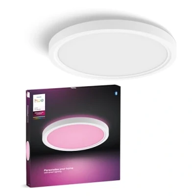 Image de Philips Hue Devote Panneau LED connecté, White and Color Ambiance, Rond 30 cm, 16,6W, 2000 lumens, Cadre blanc pour éclairage intérieur, plafond, salon, cuisine, couloir