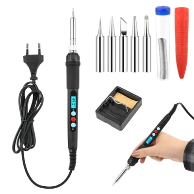 Image de VFANDV Fer à Souder, 60W Kit De Soudure Température Réglable 200 500℃ avec l&#039;Interrupteur ON/OFF, 5 Pointes Souder et Fil Support pour Réparation Soudage Brasage
