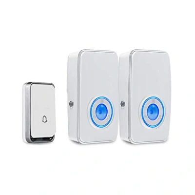 Image de 『Aucune Batterie Requise』Sonnette sans fil étanche, kit de carillon porte AURTEC avec 2 récepteurs flash LED enfichables et émetteur auto alimenté 1 presse, 51 carillons, 4 niveaux volume, blanc