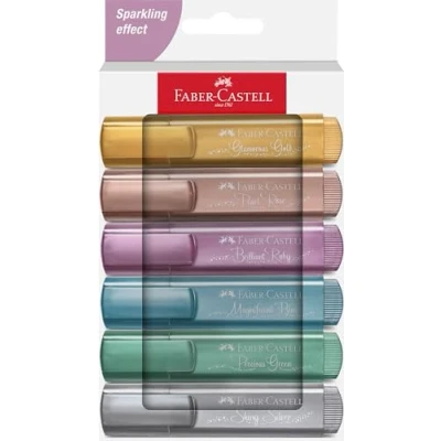 Image de Faber Castell 254676 Surligneur Set 46, étui de 6 pièces, couleurs métalliques, avec pointe biseautée longue durée, largeur trait 1 5 mm, rechargeable
