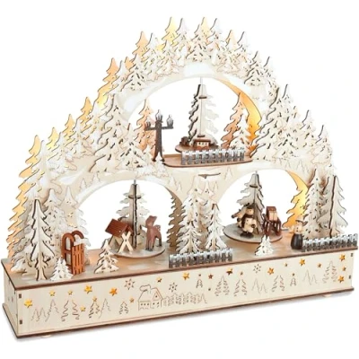 Image de BRUBAKER Arc de Lumière 3D Paysage d&#039;hiver Illuminations LED Noël en Bois Naturel 37 x 46 10 cm Peint à la Main Décoration pour Table &amp; Appui Fenêtre