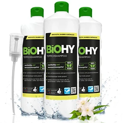 Image de BiOHY Shampoing pour tapis (3 x 1l Bouteille) + Distributeur Concentré de nettoyant idéal enlever les taches tenaces bien toléré par animaux (Teppichshampoo)