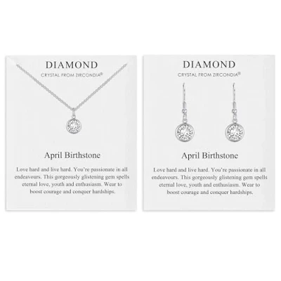 Image de Philip Jones Ensemble collier et boucles d&#039;oreilles pendantes avec pierre de naissance d&#039;avril (diamant) créés des cristaux Zircondia®