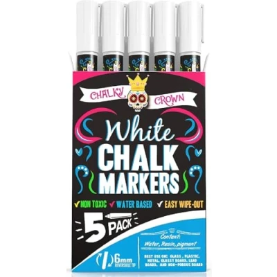 Image de Chalky Crown Stylo Craie, Craie Pour Tableau Noir, Feutre Marqueurs à Blancs (Lot de 5) Tableaux Noirs, Enseignes, Fenêtres, Vitres Mine Variable 6 mm + 24 Étiquettes Noires