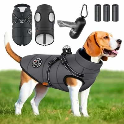 Image de Lovpet® Manteau pour Chien avec Harnais, 45 Sacs à déjections Canines + Distributeur, Gilet d&#039;hiver doublé imperméable, rembourré Sangle de Poitrine, réflecteurs, Anneau en D, Taille 2XL,