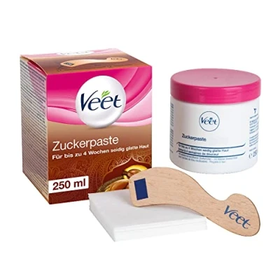 Image de Veet Pure Pâte à sucre parfumée la fleur de vanille pour l&#039;épilation du corps et visage 1 x 250 ml avec spatule en bois bandes tissu
