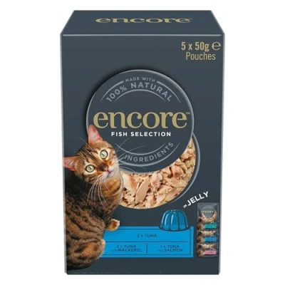 Image de Encore Nourriture humide naturelle pour chats, emballage multiple, thon et sélection de poissons, en sachet 50 g (paquet 20 sachets) (l&#039;emballage peut varier)