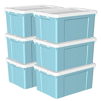 Image de Cetomo 65L*6 Boîte de rangement en plastique, fourre tout, Récipient d&#039;organisation avec couvercle durable et boucles verrouillage sécurisées, Empilable emboîtable, Lot 6, Bleu boucle