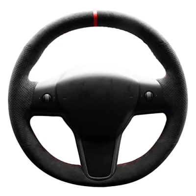 Image de Alfanxi Housse de volant cousue à la main en alcantara italien compatible avec Tesla Model Y/3/S (rayures rouges)
