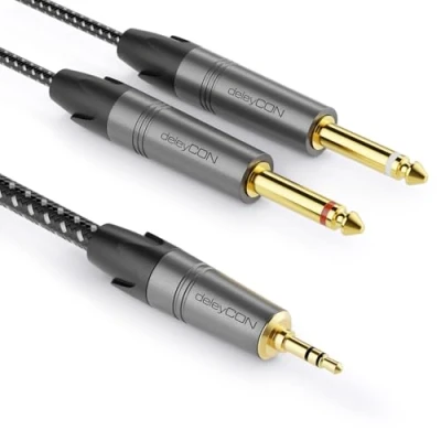 Image de deleyCON 1m Jack 3,5mm Stéréo vers Câble Mono 2x 6,3mm Audio en Y Splitter Interface Numérique D&#039;instrument pour Mixeur, Enregistreur Audio, Guitare, Amplificateur, Microphone