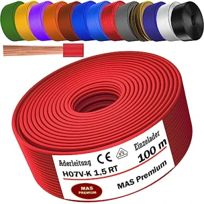 Image de Câble conducteur H07 V K de 5 à 100 m 1 x 1,5 mm² Noir bleu clair vert/jaune vert rouge foncé marron orange gris blanc violet outremer ou jaune Fil simple flexible (rouge, m)