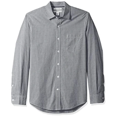 Image de Amazon Essentials Chemise en Popeline à Manches Longues Coupe Ajustée Homme, Noir Motif Vichy, L