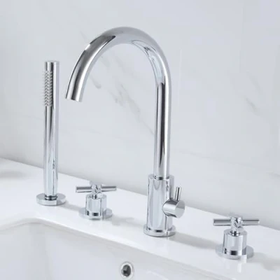 Image de mitigeur bain doucheRobinet de douche, robinets à 4 trous, pommeau douche chromé et ensemble tuyaux pour bain, robinet salle eau chaude froide,