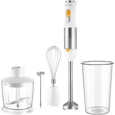 Image de Sencor Mixeur Plongeant Multifonction Ultra Puissant 5 en 1, 1200W, avec Fouet, Hachoir &amp; Mousseur, Lames Quad Blades Inox, Contrôle de Vitesse Continu, Design Ergonomique Blanc [SHB 6301WH]