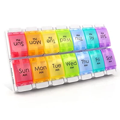 Image de Pilulier hebdomadaire AM PM, sans BPA, avec de grands compartiments et un design ouvert unique pour contenir des comprimés, vitamines, médicaments l&#039;huile foie morue