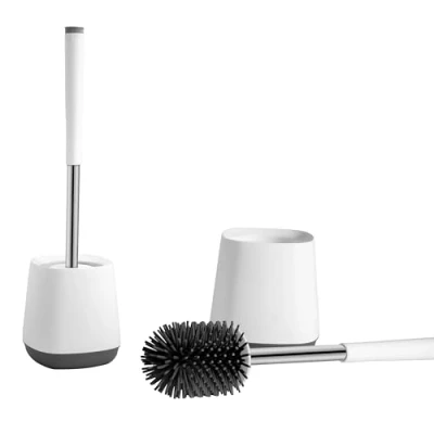 Image de Brosse WC avec support de drainage, tête en Silicone Souple Anti obstruction et Gouttes, Couleur Blanc/Gris poignée Acier Inoxydable, 1 pièce