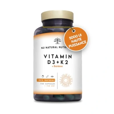 Image de Vitamine D3 K2 Dosage Élevé Naturelle 5000 iu + MK7 200μg Silicium Contribue au Fonctionnement Système Immunitaire les Os et Dents 150 Capsules N2 Natural Nutrition