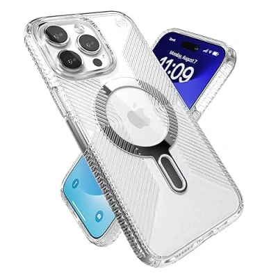 Image de Speck Coque Transparente pour iPhone 15 Pro Max, Verrouillage antidérapant ClickLock, Compatible MagSafe, poignée de Protection Contre Les Chutes, résistante aux Rayures, Anti jaunissement,