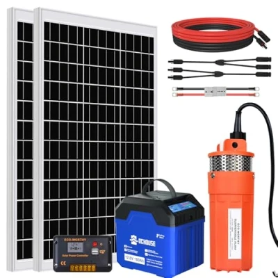 Image de DCHOUSE Kit de pompe fontaine solaire avec batterie secours, à eau 12 V + 2 panneaux solaires 120 W Bluetooth 100 Ah contrôleur 20 A pour fontaine, irrigation