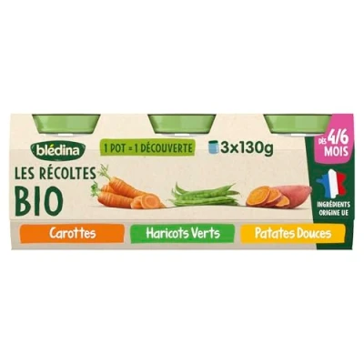 Image de Blédina Les Récoltes BIO Brocolis Pomme de terre, Potimarron, Petits Pois Recette et simple 4 à 6 mois 18 Pots 130g