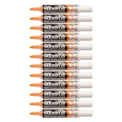 Image de Pentel Maxiflo MWL6 Lot de 12 Marqueurs effaçables à sec pour tableau blanc Pointe biseautée large encre liquide Orange