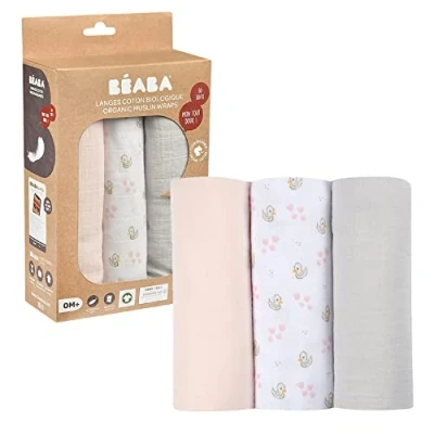 Image de BÉABA, Lot de 3 Langes Bébé, Mousseline Coton Biologique, Multi usages : Couverture emmaillotage, Bavoir, nomade, Doudou, Ultra doux, Respirant, 70x70, Ecologique et Sain, Motif Cygne