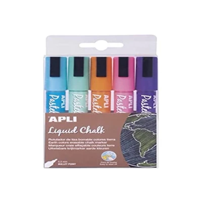 Image de Apli 14735 5 marqueurs liquide craies Utilisables sur tableau vert,fenêtre, ardoise effaçable avec un chiffon humide pointe ronde 5,5 mm couleurs assorties Tons terre