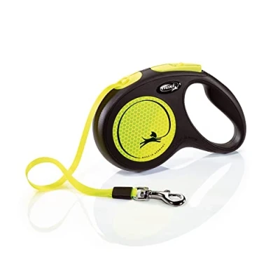 Image de Flexi, Laisse Modèle New Neon, Version Sangle, Une visibilité Accrue grâce au réflecteur néon, Système de Guidage perfectionné, freinage Robuste, Made in Germany, Noir/Jaune, M 5m