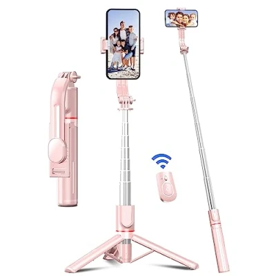 Image de Perche à Selfie, 106cm Selfie Extensible avec Trépied Renforcé et Stable, Bâton Tige Télescopique en Alliage D&#039;aluminium &amp; Télécommande pour Appareils iPhone Android (Rose)