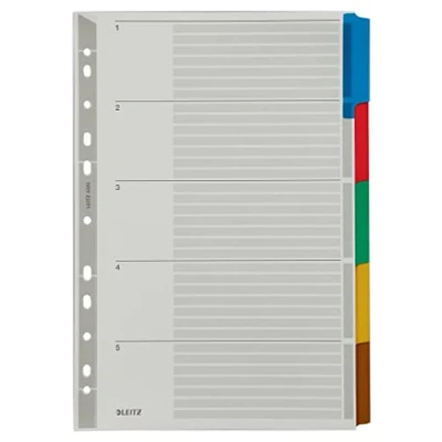 Image de Leitz Intercalaires A4 5 Touches Vierges, Onglets Colorés et Bande Perforée Renforcés en Mylar, Carton Résistant, Gris, 43200000