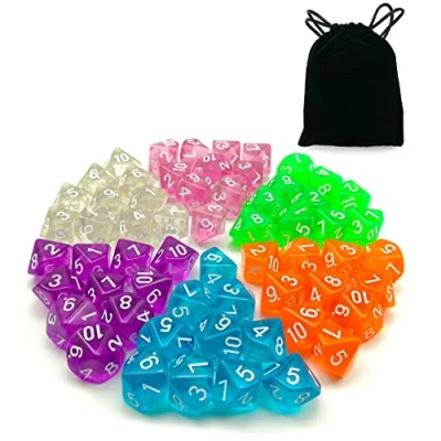 Image de 60pcs Assorted Colored Translucent D10 (1 10) Pack, 6X10pcs 10 Sides Dice Transparent Polyhedral Set in Black Velvet Pouch
