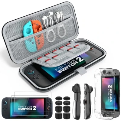 Image de MoKo Étui pour Nintendo Switch 2 (2025), Kit d&#039;accessoires 14 en 1 avec Pochette, Coque PC Transparente, Housse JoyCon TPU, Verre Trempé HD et 8 Poignées Pouce, Gris