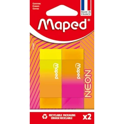 Image de Maped Gommes Neon Bi Couleurs Gomme Efficace, ne Laisse pas de Trace Format Rectangle 22x12x61mm 2 Néon
