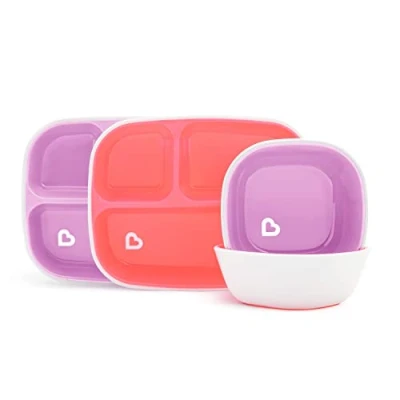 Image de Munchkin Splash Lot de 4 Pièces avec Assiettes à Compartiments et Bols, Set d&#039;Apprentissage Repas pour Bébés 2 Vaisselle Enfant dès 6 mois, Plastique sans BPA Rose/Violet