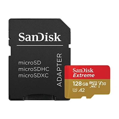 Image de SanDisk Extreme 128 GB microSDXC Memory Card + SD Adapter with A2 App Performance Rescue Pro Deluxe, Up to 160 MB/s, Class 10, UHS I, U3, V30 , Red/Gold