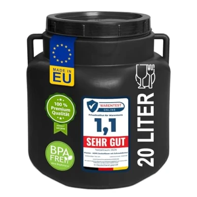 Image de plasteo® tonneau rectangulaire à col large de 20 litres avec couvercle et poignées, noir, convient un usage alimentaire sans BPA, universel en plastique