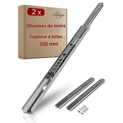 Image de LouMaxx Coulisse Tiroir Lot de 2 Glissières pour Tiroir, Encoche 27 mm Rails 350 Système Coulissants à Extraction Partielle.