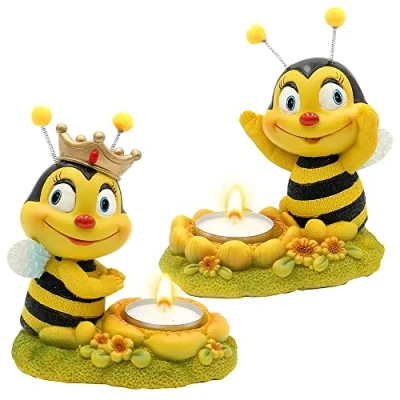 Image de Lot de 2 Figurines Couple d&#039;abeilles avec photophore Décoration Jardin Polyrésine Dimensions : l x H env. 7 11,5 12,5 cm