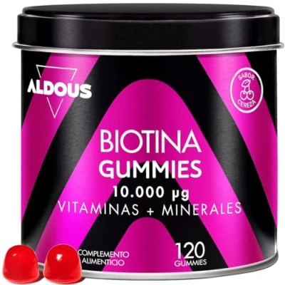 Image de Biotine 10.000 mcg 120 Gummies arôme cerise pour cheveux Acide folique, Zinc, Sélénium, Iode + Vitamines cheveux, peau et ongles Multivitamine