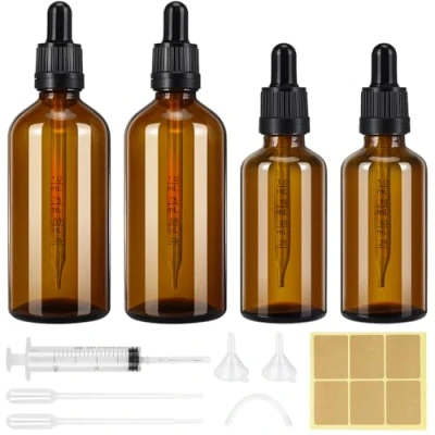 Image de Farnirvana 4 Pièces Flacon Pipette, 50ml 100ml Compte Gouttes, Flacons en Verre Ambre avec Pipettes, Bouteilles Vide pour Huiles Essentielles Parfums Aromathérapie Laboratoire