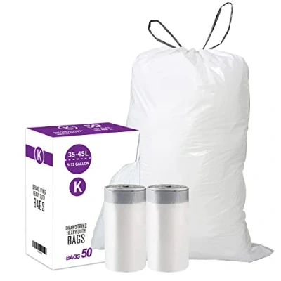 Image de Code K Lot de 50 Sacs poubelle en plastique résistant avec cordon serrage compatible simplehuman 1,2 mm blancs 35 à 45 litres