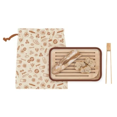 Image de PEBBLY Set du boulanger composé d&#039;une planche à pain et pince toast en bambou sac coton bio