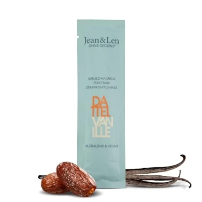 Image de Jean &amp; Len Rebuild Masque Restructurant Datte et Vanille, pour Cheveux très Abîmés, Soin Intense, Rend les Souples, Parfum sans Parabènes ni Silicones, Vegan, 20 ml