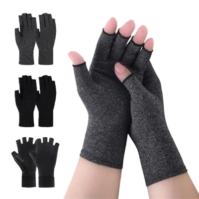 Image de 3paires Gants Arthrose &amp; de Compression, Sans Doigts pour Aider A Augmenter La Circulation, Arthritique Compression Hommes Femmes, Arthrite, Tendinite(Gris, Noir)