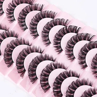 Image de False Eyelashes Russian Strip Lashes Natural Fluffy Wispy D Curly 10 Pairs Reusable Fake Faux Mink Thick Short Soft Eyes Lash