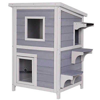 Image de lionto Maison extérieure pour Chats Jouer et se Reposer, en Bois avec Toit Bitume résistant aux intempéries, 56x52x82 cm, fenêtre 3 accès, cabane Robuste, Gris/Blanc
